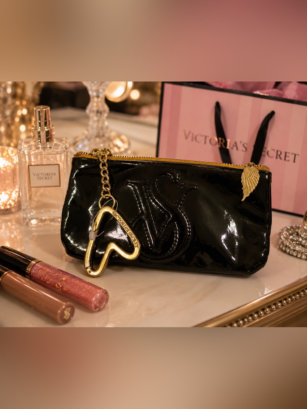 Victoria’s Secret Angel Patent Leather Wristlet | Black Glossy Zip Pouch Clutch